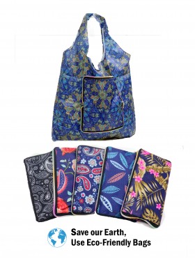 Abstract Flower Themed Reusable Foldable Shopping Bags W/ Zipper(6 pcs)